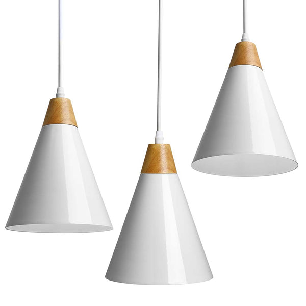Set 3 Lampadari Sospensione Moderno Design Lampada Metallo Legno Bianco E27 sconto