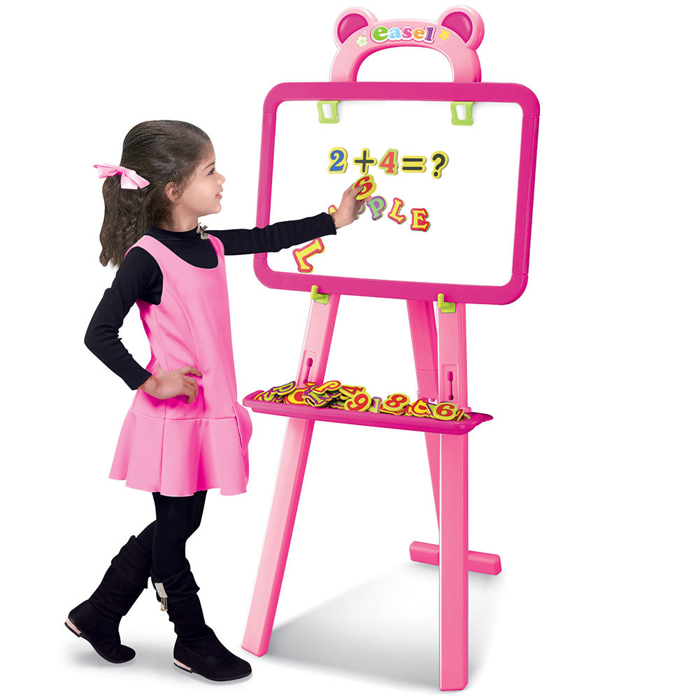 Lavagna Magnetica Per Bambini BAKAJI 2 In 1, Con Treppiedi Regolabile, Lavagna In Grafite E Magneti, Cassetti Portaoggetti, Rosa, 44,5x38x94,5 Cm