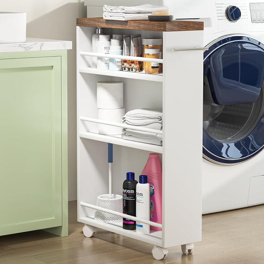 Carrello Portaoggetti Sottile Da 10 Cm, 3 Ripiani, Mobile Stretto Con Ruote Per Cucina E Bagno, Bianco, Per Spazi Stretti E Fessure - 2