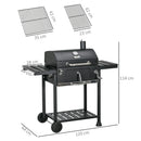 Barbecue a Carbone Griglia Regolabile con Coperchio Ruote e Tavolini Nero -3
