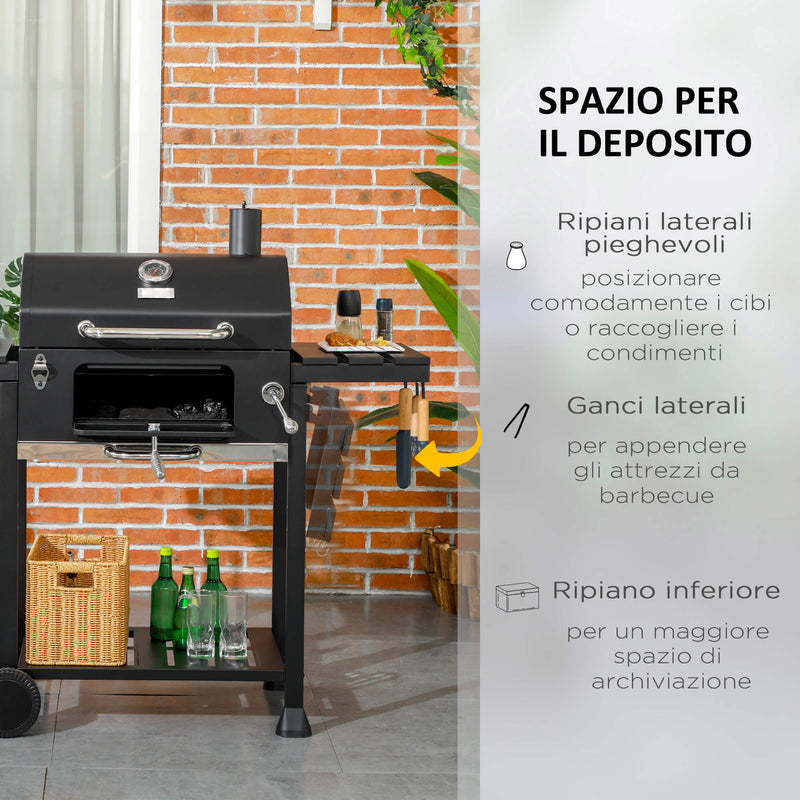 Barbecue a Carbone Griglia Regolabile con Coperchio Ruote e Tavolini Nero -7
