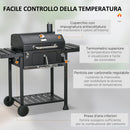 Barbecue a Carbone Griglia Regolabile con Coperchio Ruote e Tavolini Nero -5