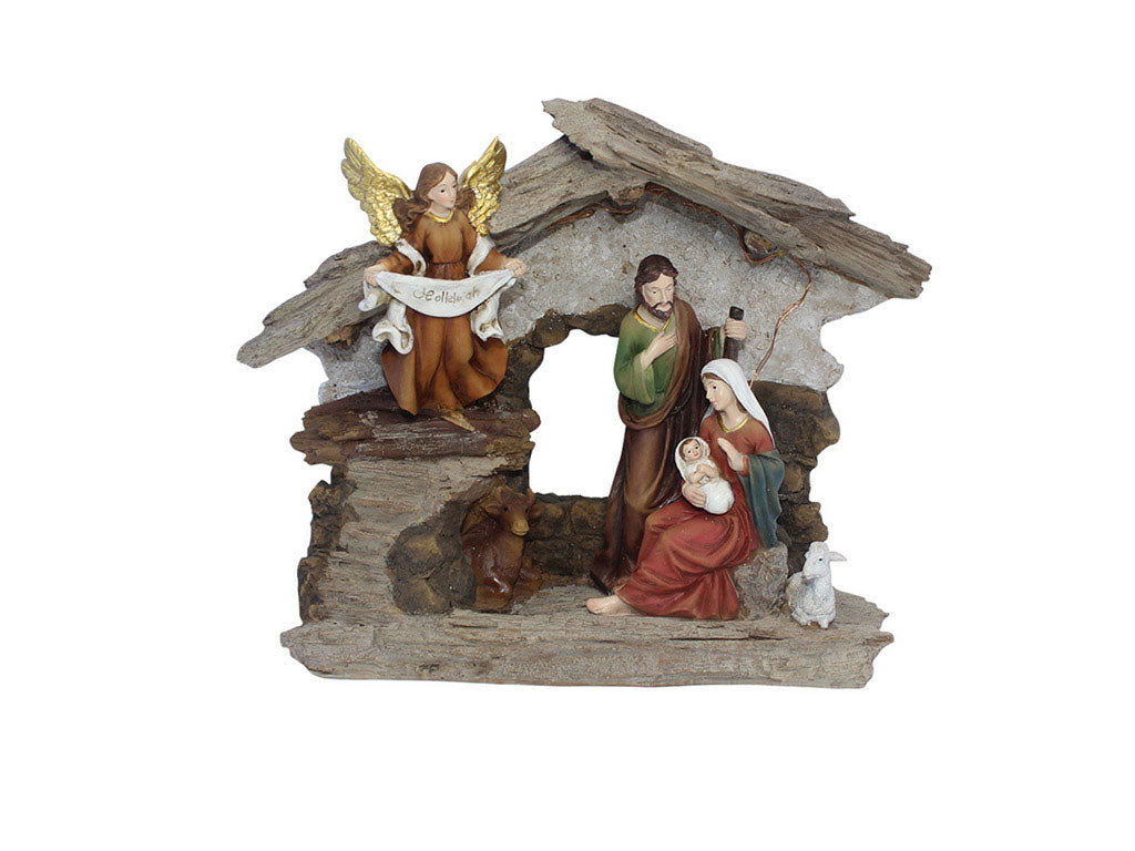 Statuetta della natività decorativa di Natale con capanna e pecore