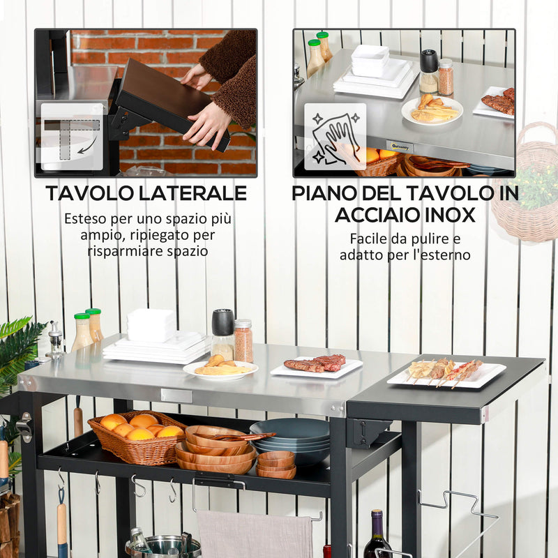 Carrello Barbecue con Tavolino Pieghevole 125x65x84 cm in Acciaio Inox Nero-5