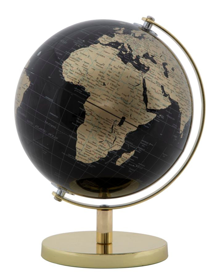 Mappamondo Lesser & Pavey, Finiture Oro E Nero, Altezza 19 Cm, Base In Metallo Con Feltro