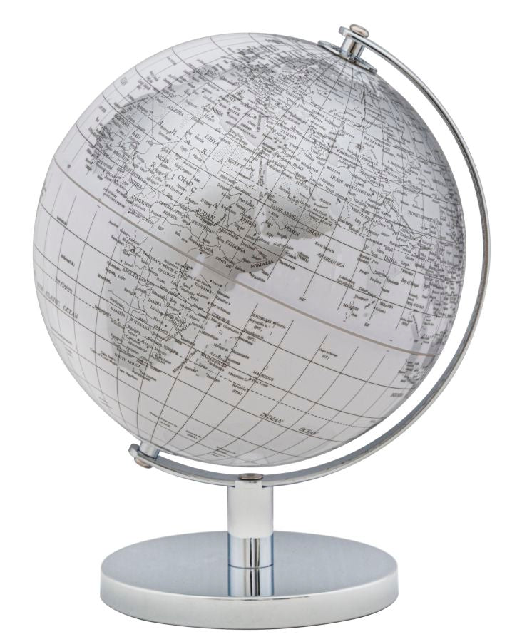 VOYAGE Mappamondo Bianco E Oro In Plastica E Metallo Con Base In Legno, 9x15 Cm – Elegante Complemento D'Arredo Per Scrivania E Libreria