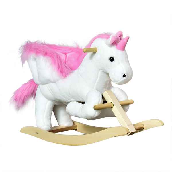acquista Cavallo a Dondolo Unicorno per Bambini in Legno e Peluche Unicorno Bianco