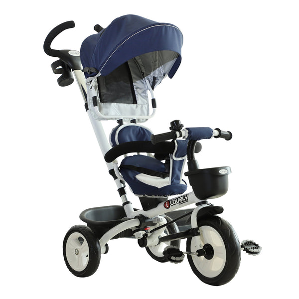 Passeggino Triciclo per Bambini con Maniglione Tetto Parapioggia Regolabile e Cestino Blu acquista