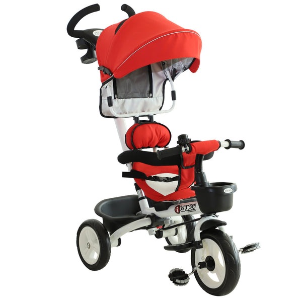 acquista Passeggino Triciclo per Bambini con Maniglione Tetto Parapioggia Regolabile e Cestino Rosso