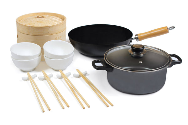 acquista Wok Set 22 Pezzi Carbon Steel per Cucina Giapponese con Casseruola Collection Kyoyo Nero
