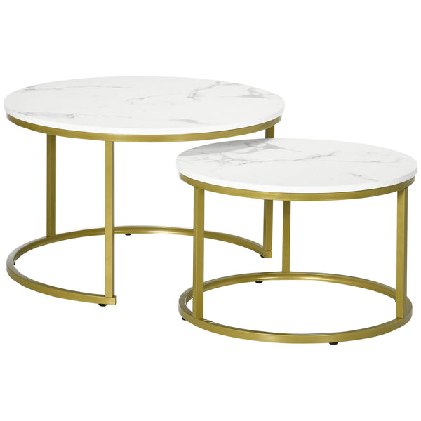 Set 2 Tavolini Impilabili con Piano Rotondo in Acciaio e Truciolato Bianco e Oro sconto