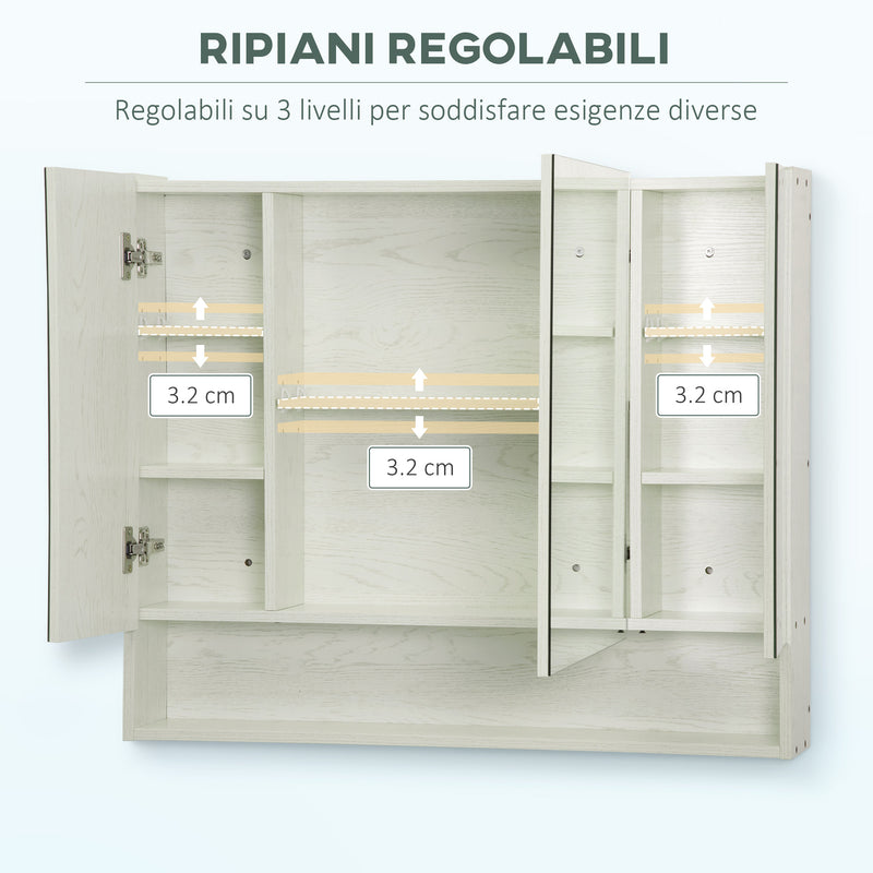 Armadietto a Specchio per Bagno con Ripiani Regolabili, 3 Porte e Credenze, 90x15x75cm-6