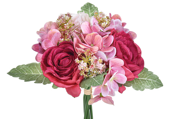 online Set 3 Bouquet Artificiali Rose con Ortenzie Altezza 30 cm Rosa