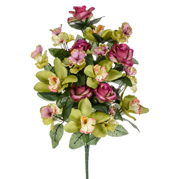 Set 2 Bouquet Artificiale Frontale di Rose e Cymbidium Altezza 53 cm Marrone/Ciliegia/Bordeaux online