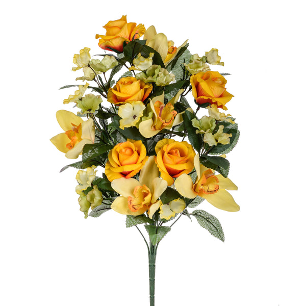 acquista Set 2 Bouquet Artificiale Frontale di Rose e Cymbidium Altezza 53 cm Arancio