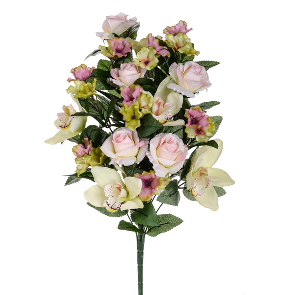 acquista Set 2 Bouquet Artificiale Frontale di Rose e Cymbidium Altezza 53 cm Rosa