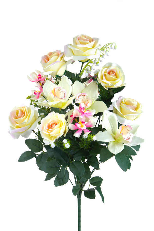 acquista Set 2 Bouquet Artificiale Composto da 14 Fiori Artificiali di Rose e Orchidee Altezza 56 cm