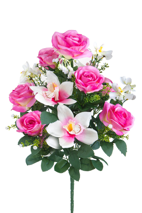 acquista Set 2 Bouquet Artificiale Composto da 14 Fiori Artificiali di Rose e Orchidee Altezza 56 cm Rosa