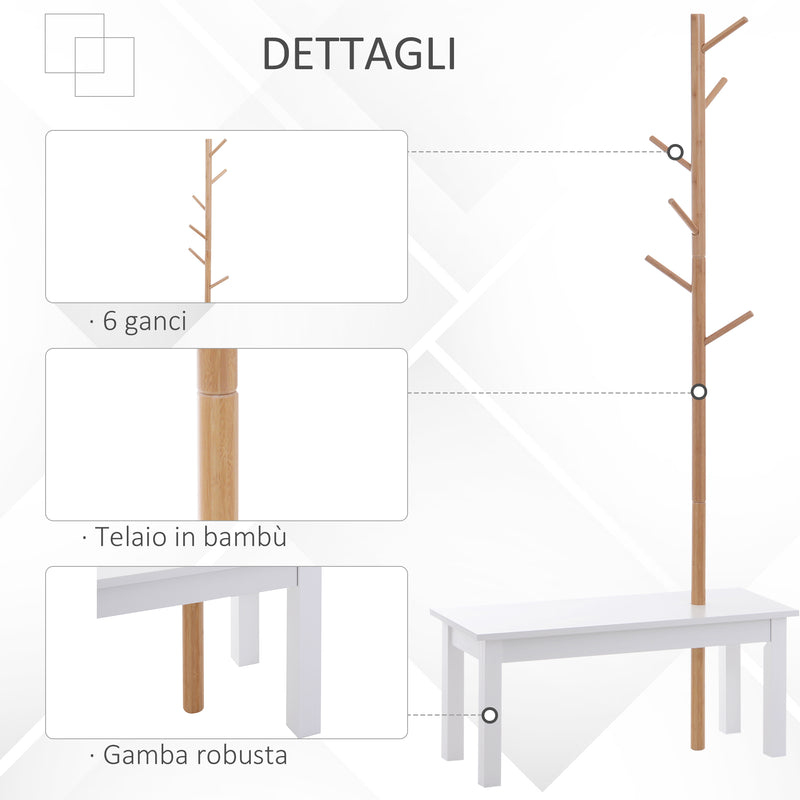 Panca con Appendiabiti in Bambù Bianco e Legno 80x30x180 cm -6
