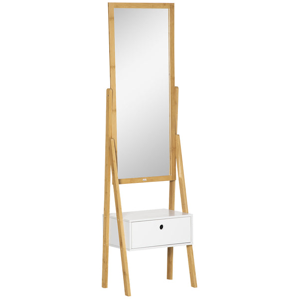 online Specchio da Terra 45x30x160 cm con Cassetto in MDF e Bambù Bianco e Color Legno