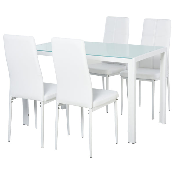 Set da Pranzo Tavolo con Piano in Vetro e 4 Sedie in Metallo e Similpelle  Bianco prezzo