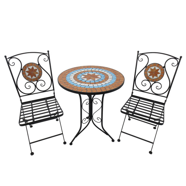prezzo Set Tavolino e 2 Sedie da Giardino in Metallo Mosaico Nero Arancione e Bianco