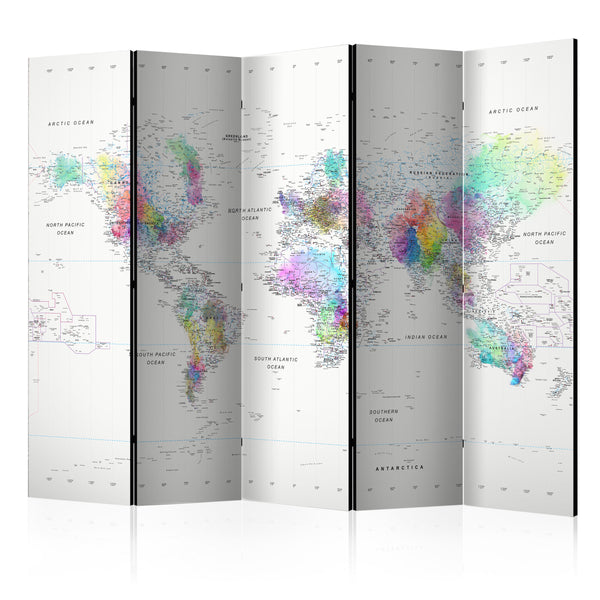 Paravento 5 Pannelli - White-Colorful World Map 225x172cm Erroi sconto