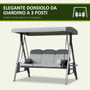 Dondolo da Giardino 3 Posti 208x121x172 cm con Tetto Regolabile Portabicchieri e Cuscini in Metallo e Tessuto Grigio Chiaro      