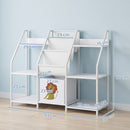 Libreria Montessoriana per Bambini 3-8 Anni 93x30x76 cm con 3 Ripiani in Tessuto Scomparti e Cassetto in Metallo e Truciolare Bianco      