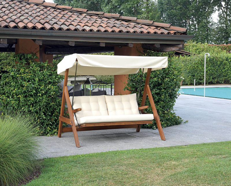 Dondolo da Giardino 3 Posti 190x120x180 cm in Legno con Cuscini Ecrù