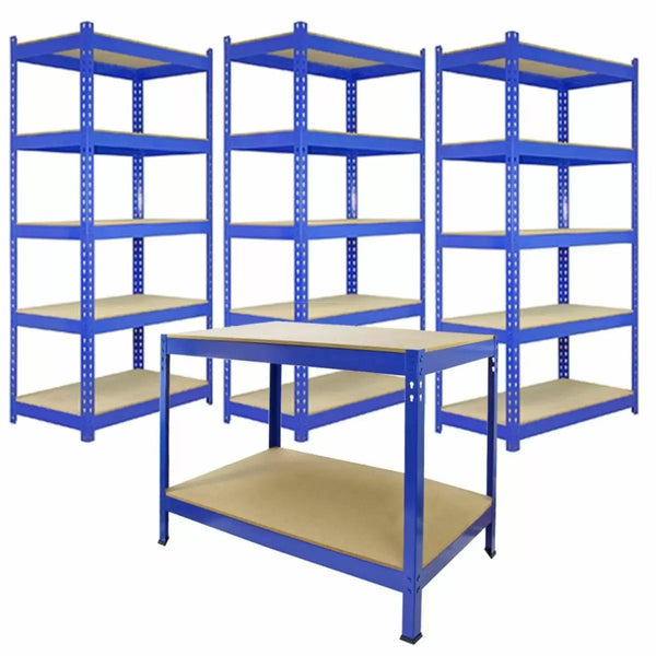 Set 3 Scaffali ad Incastro con Banco da lavoro da 120 cm Piani in MDF Struttura in Acciaio Blu prezzo