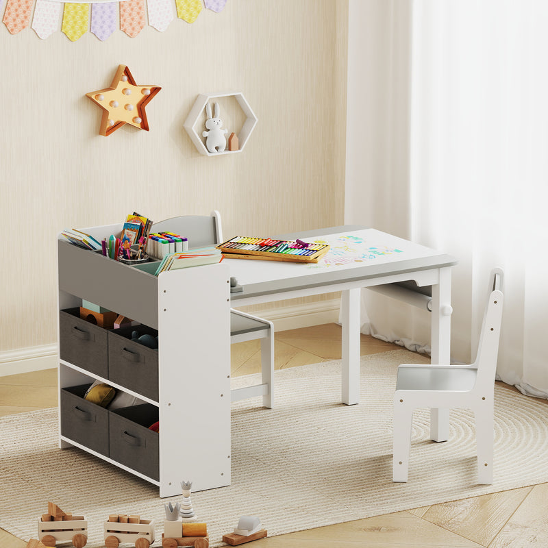 Set Tavolo e 2 Sedie per Bambini con Vani Contenitore 102,5x58x64 cm in Legno e Tessuto non Tessuto Grigio e Bianco  