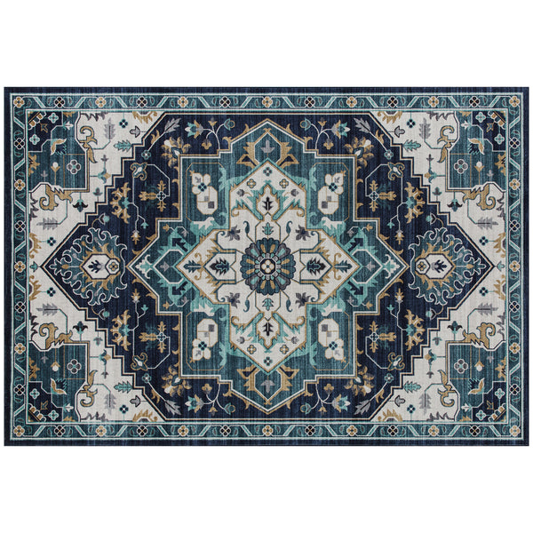Tappeto Boho Antiscivolo e Lavabile 230x160 cm a Pelo Corto in Effetto Cashmere Blu sconto