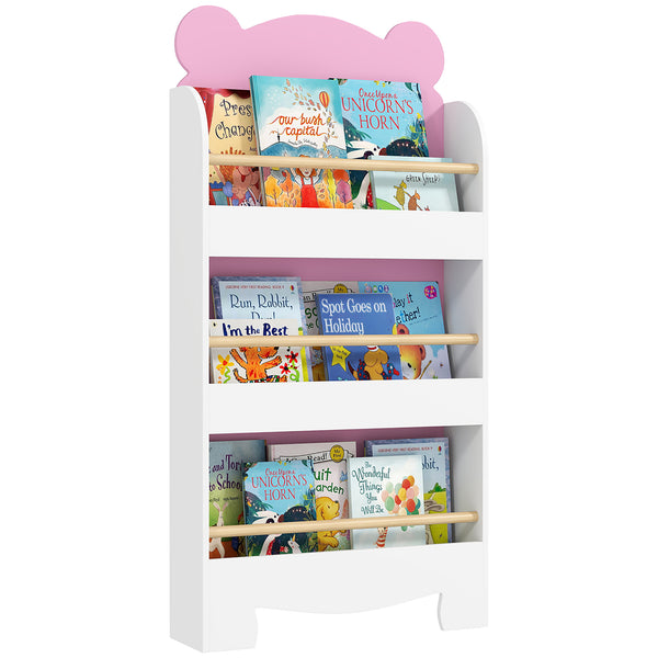 sconto Libreria per Bambini 55x15x110 cm a Forma di Orsetto a 3 Ripiani con Barriere Frontali in MDF e Legno Rosa