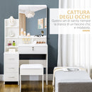 Toeletta da Trucco con Specchio Tavolocon Sgabello 4 Cassetti e 4 Ripiani in Legno e Vetro Bianco      