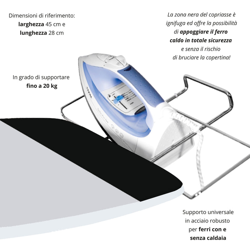Asse da Stiro Luxor Plus 123x48 cm Area Ignifuga Salvaspazio Altezza Regolabile Gambe Triple      