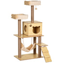 Albero Tiragraffi per Gatti 60x40x130 cm con Casetta Lettini Amaca e Pallina in Legno Poliestere e Sisal Beige      