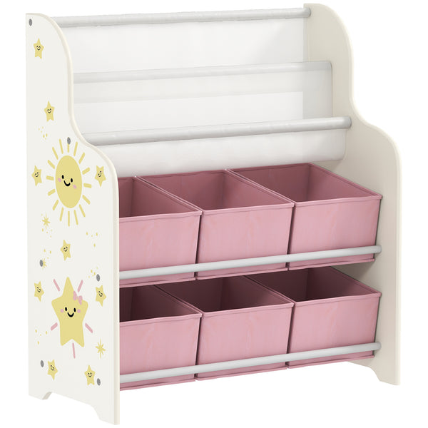 Scaffale Portagiochi per Bambini 63x30x71 cm con 6 Cassetti in Tessuto e Libreria a 2 Livelli in Legno e Acciaio Rosa  