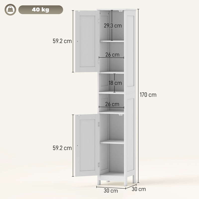 Mobile Alto a Colonna Bagno 30x30x170 cm con 2 Ripiani Aperti e 2 Armadietti in Legno Bianco      