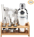 Kit da Barman 12 Pz in Acciaio e Base in Legno