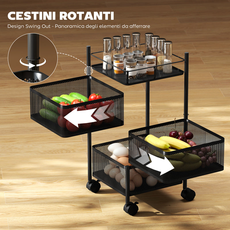 Carrello Cucina a 3 Livelli 27,5x27,5x62 cm con Cestini in Metallo Girevoli Ruote e Freno Nero      