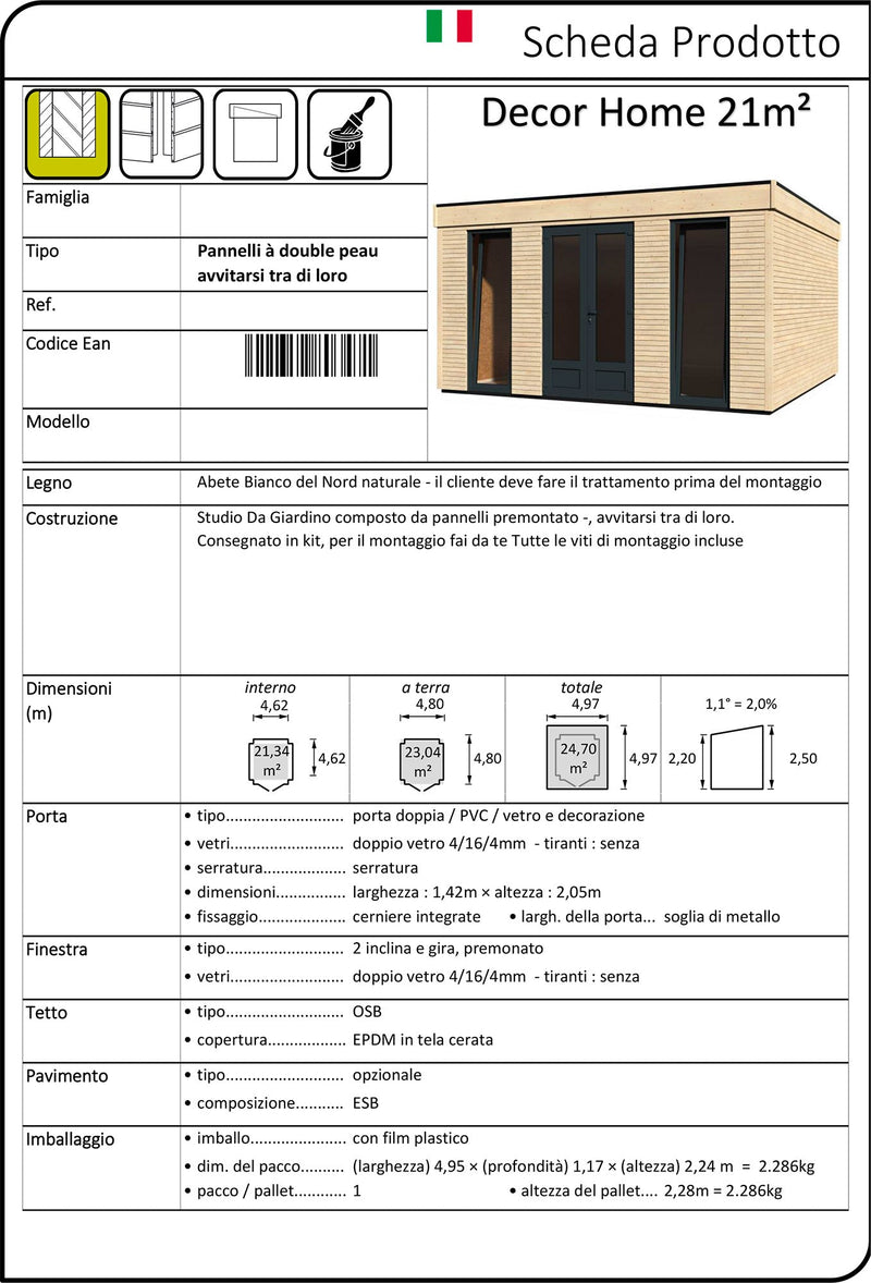 Casetta Abitabile da Giardino 4,97x4,97m Senza Pavimento con Pareti Isolanti Decor Home 21m²