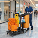 Carrello Pulizie 122x46,5x101 cm Ruote 3 Ripiani Sacco 70L Secchio con Strizzatore in PP HDPE Arancione      