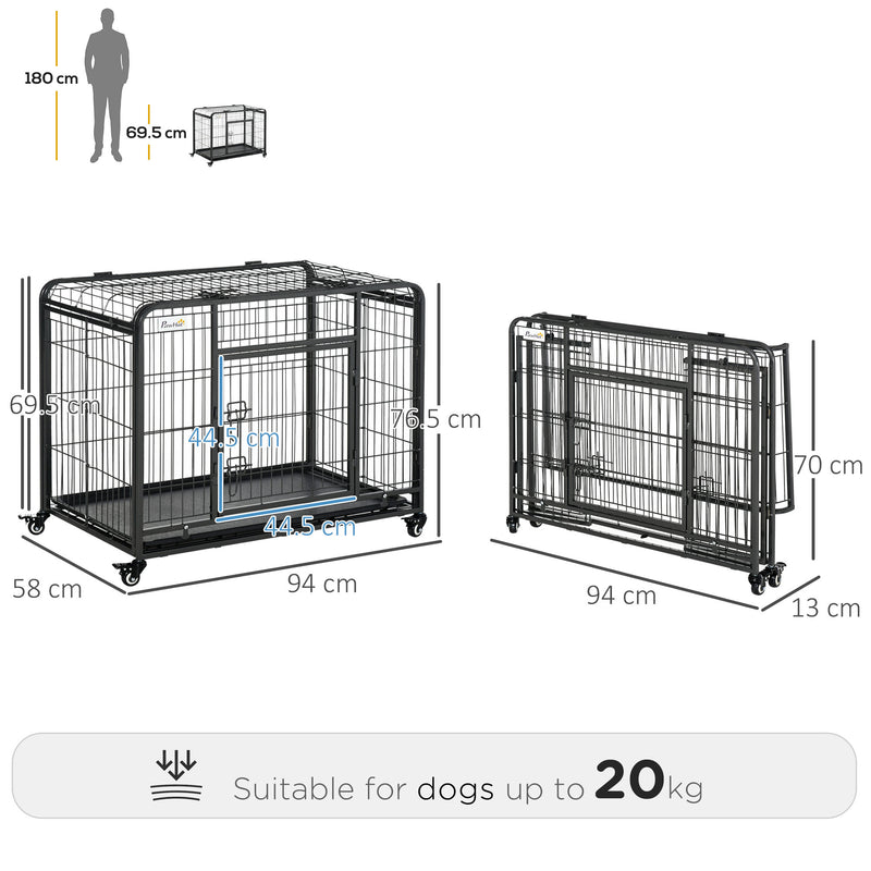Box Kennel per Cani Pieghevole 94x58x69.5 cm a Doppia Porta con Blocco 4 Ruote e Fondo Rimovibile Grigio      