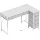 Scrivania Angolare 126x48x80 cm a 6 Cassetti con Gancio Laterale e Prese Integrate in Legno e Acciaio Bianco      