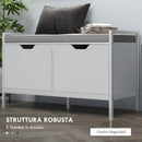 Panca Scarpiera 2 Armadietti con Cuscino 84x35x50 cm in Tessuto Effetto Lino e Legno Bianco 