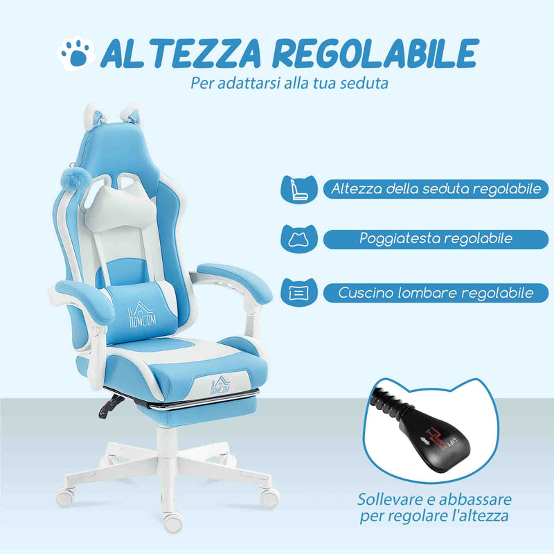 Sedia da Gaming Reclinabile 65x62x116-124 cm con Poggiapiedi e Cuscini in Finta Pelle e Spugna Bianco e Azzurro