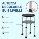 Sgabello da Doccia Antiscivolo 32,5x41x35,5-54 cm Regolabile su 8 Altezze in Alluminio e PE Nero      