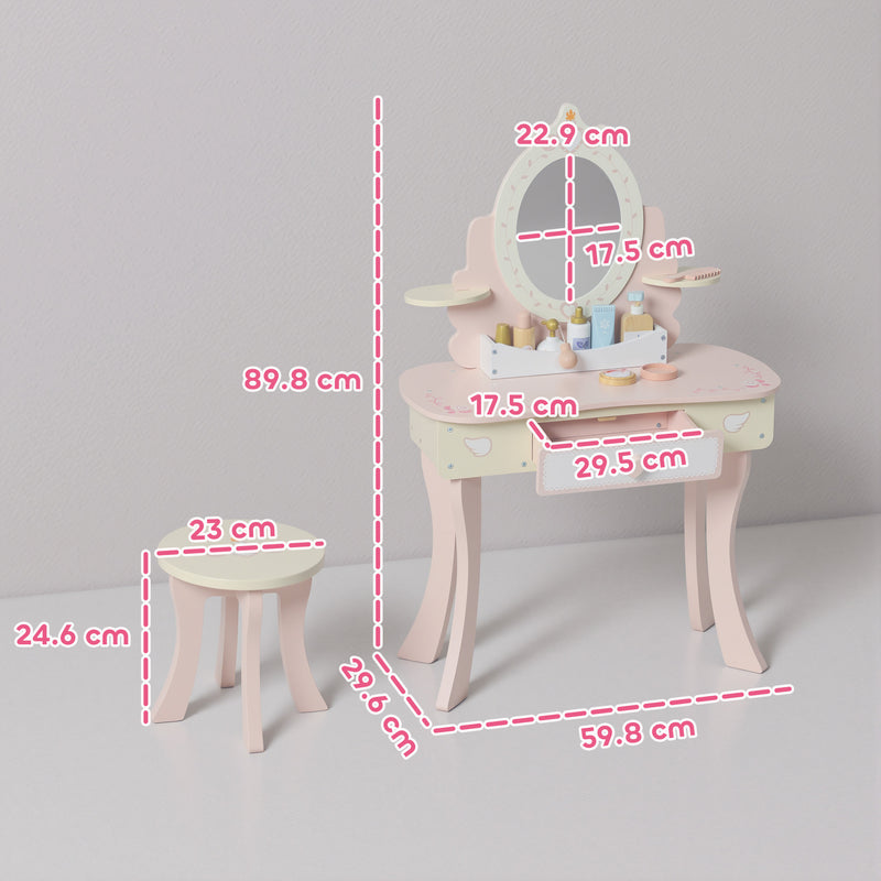 Set Toeletta per Bambine con Specchio e Sgabello con 7 Accessori in Legno Rosa      