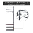 Panchina per Ingresso con Ganci Appendiabiti e Ripiani Scarpiera in Metallo Nero 